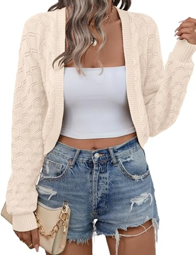 Kistore Women's Cardigans Long Sleeve Open Front Knitted Cardigan Cropped Sweater Lightweight Solid Color Jacket Tops Apricot M