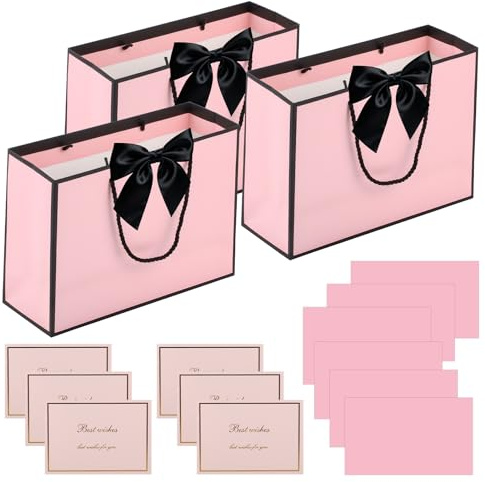 3 Stück Geschenktüten Geburtstagstüten, 28 x 20cm Geschenkverpackung Geburtstag Tüten, Geschenktasche mit Henkel und Schleife, Papiertüten für Weihnachten Hochzeit, mit 6 Grußkarten, 6 Seidenpapier