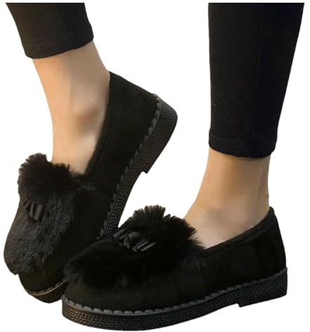 LUYYBDBG Pantofole Autunno Inverno Donna Ballerine Bel Fiocco Pelliccia Calda Comfort Scarpe in Cotone Mocassini da Soffici-nero-37