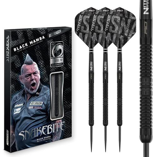 Röd DRAGON Darts – Professionell spelare – Peter Wright 'Snakebite | Black Mamba serie Dart | 90 % volfram professionell dartpilar – innehåller dartvingar och skaft | 18 g mjuk spets och 22 g, 24 g