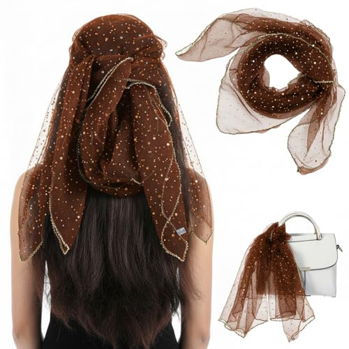 APLZGMG Fashion Head Scarf for Women, Brown Rhinestone Head Scarves for Women, 31.5 Inch Square Bandana, Sparkling 90s Style Hair Wrap & Shawl, Glitter Hair Scarf
