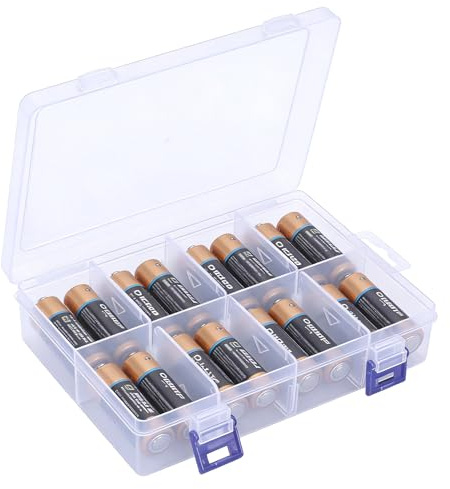 Punorric Battery Storage Case - AA Battery Organiser Storage Case, PP Plastic Box with Detachable Dividers, Transparent & Portable for Home/Photography/Camping (20x13.5x4.5cm)