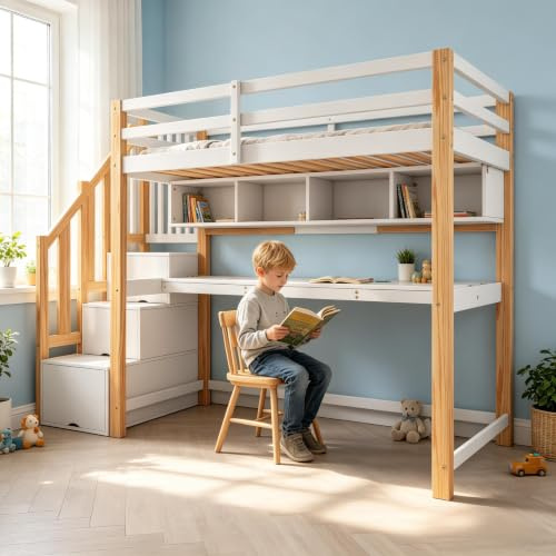 Su & Chan Legence Loft Bed with Desk, High Sleeper Bed with Storage Stairs and Shelves, Kids Bed with Safety Guardrail and Wooden Slats, No Mattress, 90 x 190cm, White and Natural