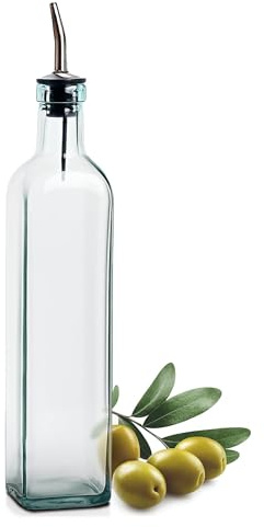 EHOMEA2Z Italian Glass Olive Oil Dispenser Bottle - 16 Oz, Oil and Vinegar Cruet with Stainless Steel Spout for Kitchen, Slight Green Tint (1, 473ml)