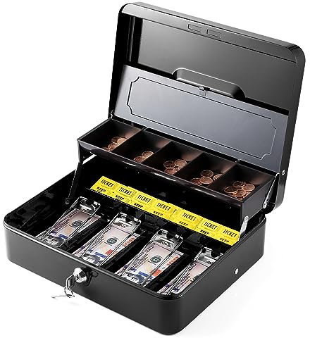 WOT I Geldkassette aus Stahl mit Geldablage mit Schlüsselschloss, 30 cm L x 24 cm B Geldkassette mit Ablage, 5 Münzablagen, 4 Geldscheinfächern, 2 Schlüssel (schwarz))
