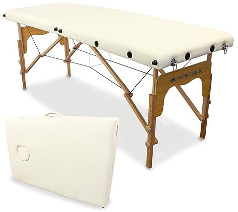 Mobiclinic®, Massageliege, Klappbar, CM-01 Basic, 180x60 cm, Holz und Kunstleder, 2 Teile, Europäische Marke, Mobile, Höhenverstellbar, Verschlusssystem, Trägt 150 kg, Farbe Creme