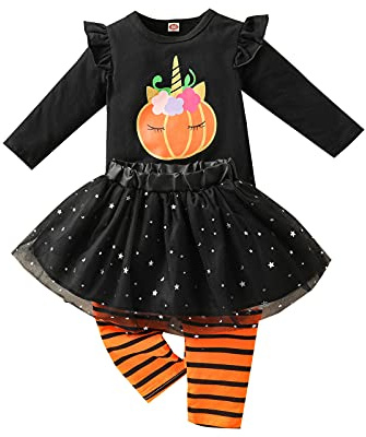 Verve Jelly Completi da bambina per Halloween da bambina T-shirt da zucca a maniche lunghe Top con volant Tutù in tulle Gonna e pantaloni a righe Set 3 pezzi Nero A 110 2-3 anni