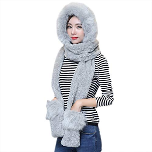 3 In 1 Winter Hoodie Hat Scarf Gloves Set Soft Plush Thick Warm Hooded Scarf With Pockets Earflap Hat Faux Fur Cute Animal Paw Gloves Set Multifunctional Animal Ski Hat With Scarf Mitten for Women Men