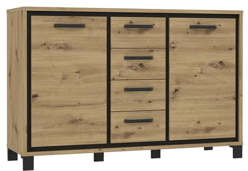 Forte TRONDHEIM Sideboard mit 4 Schubladen und 2 Türen, Holzwerkstoff, Artisan Eiche/Schwarz Eiche, B x H x T: 138,4 x 91,3 x 41,5 cm