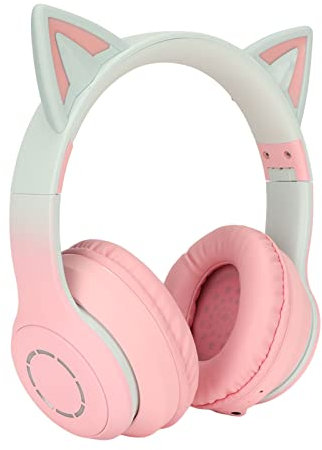 Bewinner Cute Cat Ear Gaming Headphones, LED Lights 3.5mm Wired Wireless BT Foldable Gaming Headset for PC, Laptop Headset with Noise Canceling Microphone for Gift, Game (Pink)