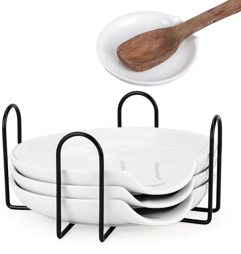 Belle Vous 4 Pack of White Ceramic Spoon Rests with Holder - 13.5cm/5.3 Inches Round Trays - Kitchen Counter/Stove Top Utensil Holder Rest for Cooking Spoons, Spatulas & Other Cookware