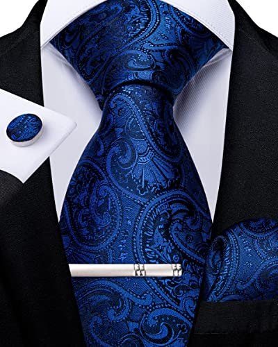 DiBanGu Herren Blau Paisley Krawatte, Königsblau Seidenkrawatte und Taschentuch-Set, Krawattenklammer und Manschettenknöpfen mit Geschenkbox für Hochzeit Party