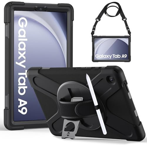 Gerutek Case for Samsung Galaxy Tab A9 8.7 inch 2023, SM-X110/X115 Shockproof Cover,Heavy Duty Rugged Samsung Tablet A9 Case with 360 Rotating Stand/Hand & Shoulder Strap for Galaxy Tab A9, Black