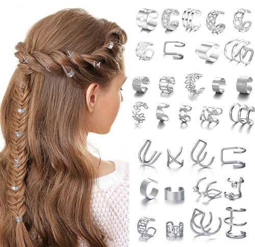 QIUMING 31Stück Haar Flecht Perlen Haarringe für Zöpfe Haarspiralen Clips Haar Haarspiralen Clips Geflecht Ringe Verstellbar Braids Schmuck Gewebter Für Frauen Männer Zöpfe Dekoration (Silber)