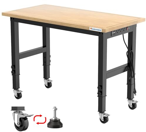 LARBANKE 48 Adjustable Workbench with Wheels,Heavy-Duty Rubber Wood Worktable with Power Outlets & Precision Scales & Foot Pads,2000 LBS Load Capacity Work Benches for Garage,Workshop,Office,Home