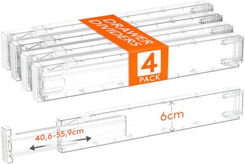 Lifewit 4 Divisori per Cassetti Cucina Alti 6cm, 40.6-56cm, Organizer Regolabili per Utensili, Vestiti e Trucchi, Separatori per Cassetti in Plastica per Camere da Letto