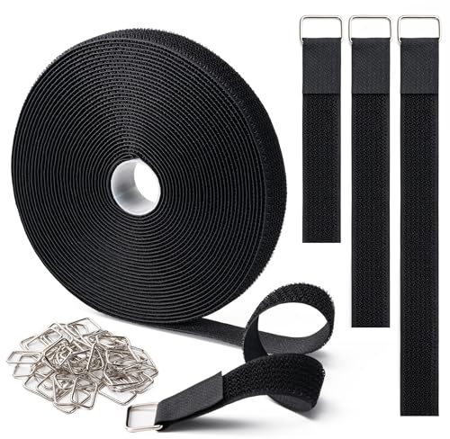 1 x16Ft Hook and Loop Straps with 25 Metal Buckles, Adjustable Fastening Cable Straps, Free Cut Length, Reusable Nylon Cable Ties for Organizer or Storage, Black