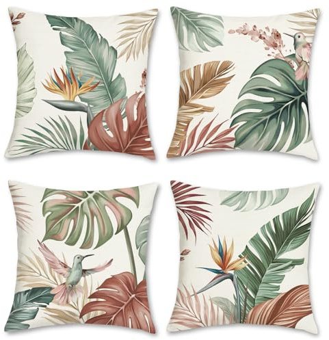 Bonhause Fundas Cojines Hojas Tropicales 45 x 45 cm Funda de Almohada Acuarela Hoja Pájaro Poliéster Lino Cojines Decorativos para Sofá Cama Hogar Exterior Juego de 4
