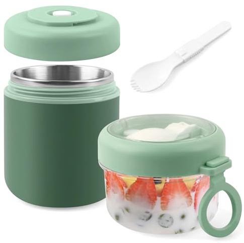 Set di 2 bicchieri per cereali in acciaio inox to Go da 530 ml + 330 ml, per yogurt, per bambini, con cucchiaio, in acciaio inox, per la colazione