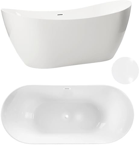 Aquauno - Baignoire autoportante en acrylique sanitaire de qualité supérieure - 170 x 72 cm - Avec bonde clic-clac, trop-plein, couvercle, bonde en blanc - Design moderne pour baignoire