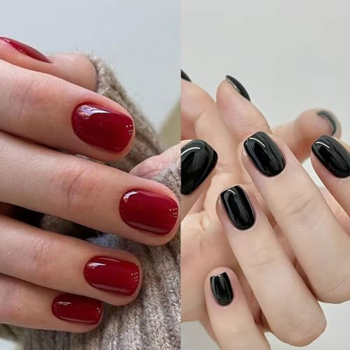 Auriselle Stampa su Unghie Corte 48 Pezzi Unghie Francesi False Corte Arrotondate Unghies Artificiali Unghies Rosse e Nere Colla Lucida, Perfetto per la Manicure a Casa