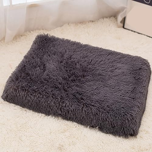 Hundbur, säng, varm hundmadrass, plysch, ångestdämpande kudde, mjuk husdjursmatta, säng för valp med halkfri botten och tvättbart avtagbart överdrag (100 x 75 x 6 cm, mörkgrå)
