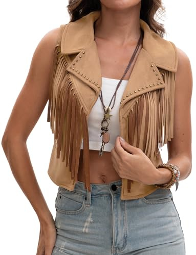 Maeau Women's Faux Suede Vest Hippie Tassel Short Vests Y2K Cowgirl Waistcoats 70s Festival Fringe Waistcoat XS-L