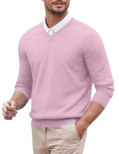 Jersey de punto para hombre, cuello de pico, monocolor, manga larga, jersey de invierno, sudadera de trabajo, suéter de negocios, tiempo libre, cachemira, jersey de punto, Rosa., XL