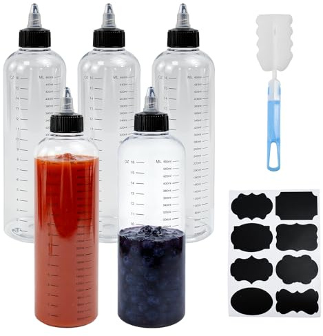 ZXBBTZ 5 PCS Botellas Exprimibles 500ml Transparentes con Escala, Dispensador de Botellas para Salsa, Aceite y Ketchup, Botella de Salsa Exprimible, Botella de Plástico Reutilizable para Cocina Hogar