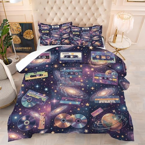 VTKON Cassette Tape Galaxy Comforter Set Twin Size Vintage Music Space Bedding Set, Neon Purple Starry Night Sky Bed Sets Duvet for Girls Kids, 2 Pcs with 1 Pillow Case
