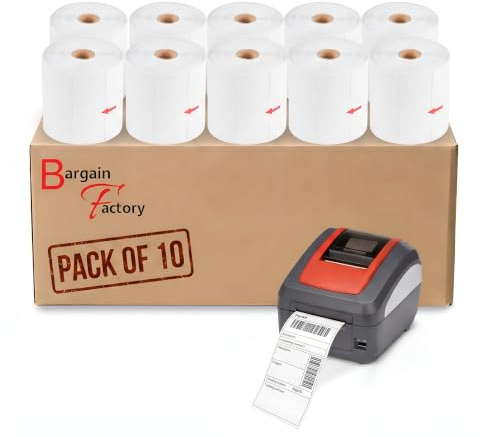 BARGAIN FACTORY 10 x Direct Thermal Label Rolls | 5000 Labels | 4 × 6 (100 × 150 mm) | Premium Self-Adhesive, Zebra & MUNBYN Compatible | 500 Labels per roll
