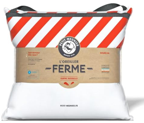 Petit Meunier Oreiller Naturel Ferme 60x60 cm – Plumette et 10% Duvet pour Un Confort Ferme, résilient et Respirant – Anti-acariens hypoallergénique – Confection Artisanale en Bourgogne