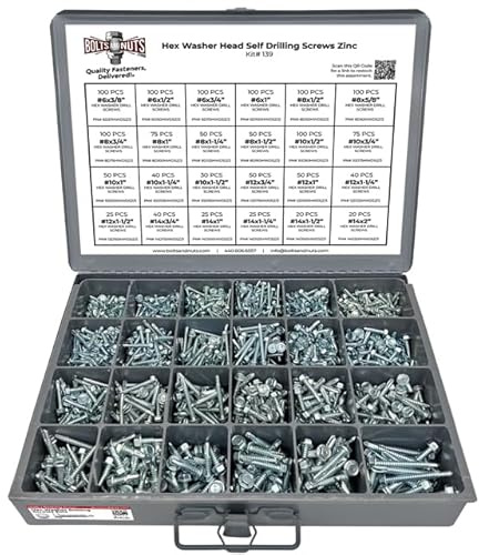 Unslotted Hex Washer Head Sheet Metal Self Drilling Tek Screw Assortment Kit - 1466 Pieces!
