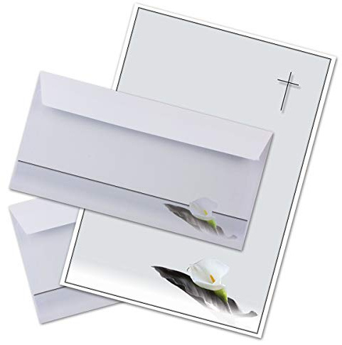 Mourning Papers by GUSTAV NEUSER 15 x Set of Mourning Paper DIN A4 + Mourning Envelopes DIN Long Motif Mourning Flower with Leaf 22 x 11 cm Printable Condolence Set for Thank You Mourning