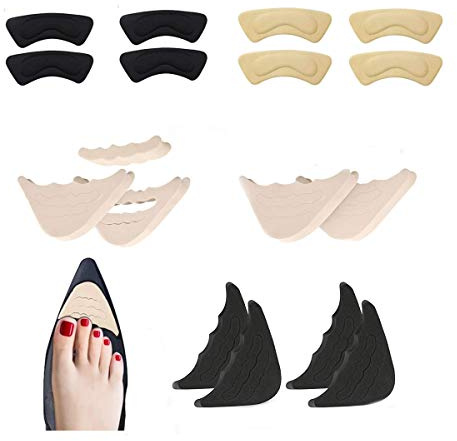 4 Pairs Adjustable Shoe Filler and 4 Pairs Heel Grip Liner Insert, Reusable Toe Plug Foot Brace Pads for Men and Women Pumps Flats Sneakers