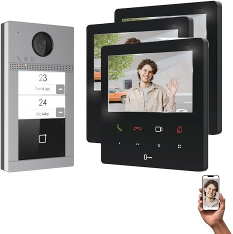 Mathfel WLAN IP Video Türsprechanlage, Unterputz-Türstation IP65, 7 Zoll Monitor, HD-Kamera 130°, Foto-/Video-Speicher, PoE-Switch, RFID Kartenleser, 3x4,3'' Monitor