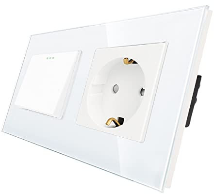CNBINGO Schuko Steckdose mit Lichtschalter unterputz, Weiß Wandschalter mit Glasplatte, mit Leuchtstoffpunkten, 1-Fach, 1- poliger Ausschalter