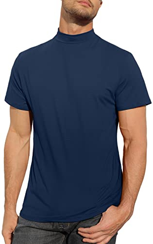 Mens T Shirt Short Sleeve Basic Mock Turtleneck Slim Fit Undershirt Cotton Pullover Thermal Solid Tops Black Blue, L