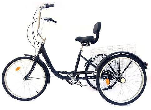 Jolre 24-tums vuxentrehjuling, 6-växlad hjulscykel, kolstål-cykel, 3-hjuling med korg, svart