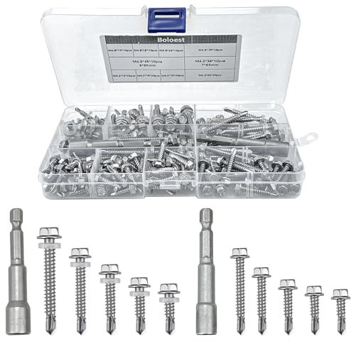 147pcs M4.2 M4.8 Stainless Steel Self Tapping Hex Head Screws Full Thread Metal Roofing Drill Bolts Hexagonal Dovetail Self Drilling Tail Screws with Nut Setter, Washers