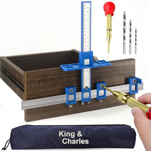 King&Charles Cabinet Hardware Jig, Cabinet Handle Jig + Automatic Hole Punch + Point Drill Bits, Use for Handles Knobs Pulls on Drawers/Doors, Wood Drilling Dowelling Guide Set.