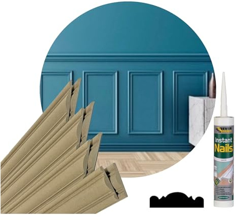 Crown Cut - Dado Style Wall Panelling Kit - Set for 3 Frames and 2 Metres Rail - Pack Covers 2 Metre Wall - No More Nails Adhesive Included + Instruction - Decorative Moulding MDF