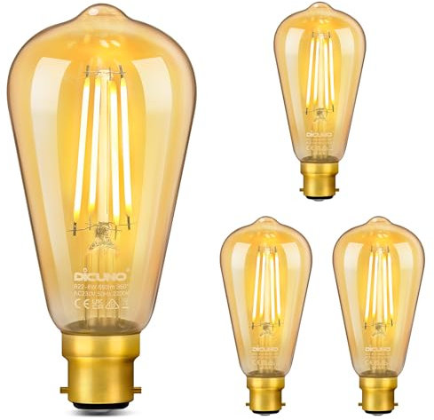 DiCUNO Vintage LED Glühbirne B22, Edison Filament, 6W Warmweiß 2200K, 660lm, Ersetzt 60W Glühbirne, Retro Stil für Dekorative Beleuchtung, Café, Bar, Nicht Dimmbar, 4er-Pack
