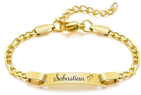 kodinsiivous Personalisiertes Baby-Namens Armband, 18 Karat vergoldete, individuelle Armbänder, Gravur Kinderarmband ID Taufarmband, Geburtstagsgeschenk für Taufe Geschenke(Gold)
