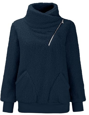 Sudadera cómoda y cálida para mujer, para otoño e invierno, cuello alto, de felpa, color liso, grueso, suéter de forro polar para mujer, para otoño e invierno, cómodo y cálido, azul, L