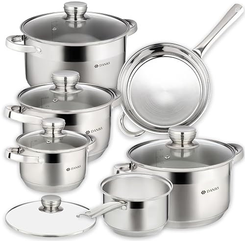Daniks Standard 11-teiliges Edelstahl Kochgeschirr Induktion, Töpfe 16/18/20/24 cm mit Glasdeckel, Stielkasserolle, Bratpfanne, Suppentopf/Nudeltopf/Pastatopf, Silber