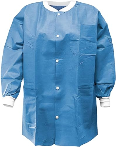 CoverallsDirect SunLite Ultra 3800 Series Premium Disposable Lab Jackets, Pockets, Knit Collar & Cuffs, Hip Length, 10 Pack (Blueberry, XL)