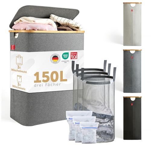 Blumtal Wäschekorb 3 Fächer 150L mit 3 herausnehmbarem Wäschesäcken - Wäschekorb grau - Wäschesammler 3 Fächer - Pfandflaschen Sammelbehälter - laundry basket mit Deckel - Wäschebox