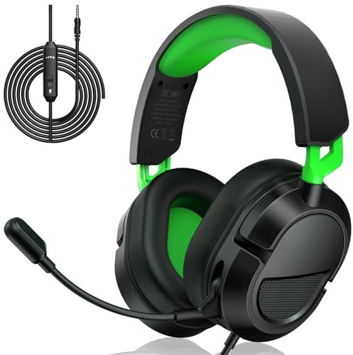 syndesmos Wired Gaming Headset for PS5 PS4 PC Xbox S/X Series Switch, Surround Stereo Sound Gaming Headphones with Noise Cancelling Mic, 3.5mm Over Ear Headphones with 40 mm Drivers, Black/Green