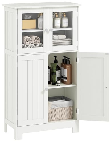 kleankin Mobile Bagno, Mobiletto Bagno Salvaspazio con 2 Armadietti e Ante in Vetro, Armadietto da Terra con Ripiano Regolabile per Sala da Pranzo, Salotto, Soggiorno, Cucina, 60x30x108.5 cm, Bianco